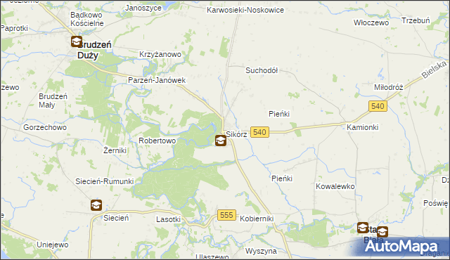 mapa Sikórz gmina Brudzeń Duży, Sikórz gmina Brudzeń Duży na mapie Targeo