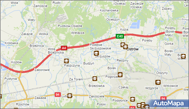 mapa Skrzyszów gmina Ostrów, Skrzyszów gmina Ostrów na mapie Targeo