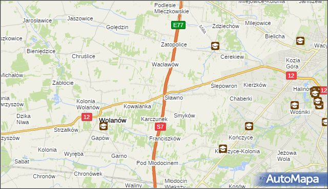 mapa Sławno gmina Wolanów, Sławno gmina Wolanów na mapie Targeo