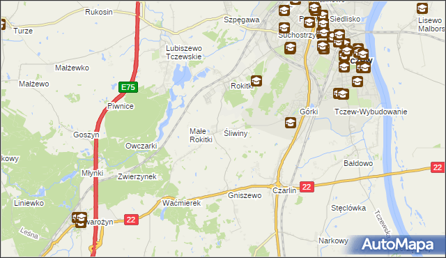 mapa Śliwiny gmina Tczew, Śliwiny gmina Tczew na mapie Targeo