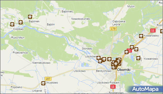 mapa Słonawy gmina Oborniki, Słonawy gmina Oborniki na mapie Targeo