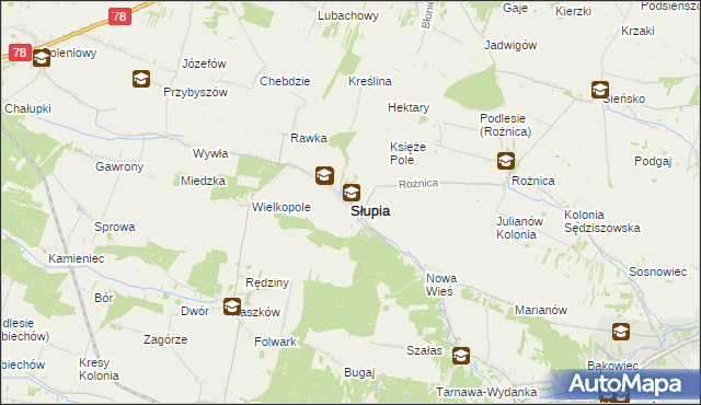 mapa Słupia powiat jędrzejowski, Słupia powiat jędrzejowski na mapie Targeo