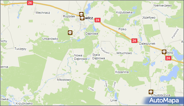 mapa Stara Dąbrowa gmina Kwilcz, Stara Dąbrowa gmina Kwilcz na mapie Targeo