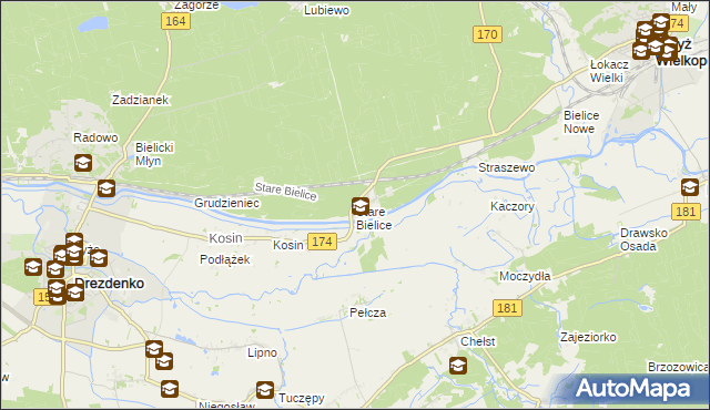 mapa Stare Bielice gmina Drezdenko, Stare Bielice gmina Drezdenko na mapie Targeo