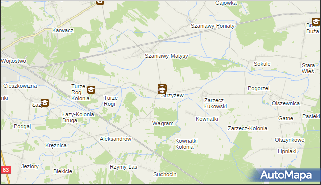 mapa Strzyżew gmina Łuków, Strzyżew gmina Łuków na mapie Targeo