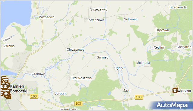 mapa Świniec gmina Kamień Pomorski, Świniec gmina Kamień Pomorski na mapie Targeo
