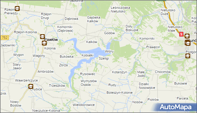 mapa Szeligi gmina Pawłów, Szeligi gmina Pawłów na mapie Targeo