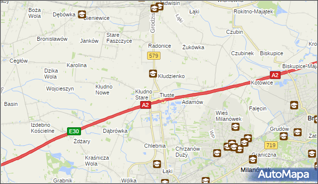 mapa Tłuste gmina Grodzisk Mazowiecki, Tłuste gmina Grodzisk Mazowiecki na mapie Targeo