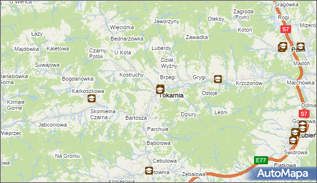 mapa Tokarnia powiat myślenicki, Tokarnia powiat myślenicki na mapie Targeo