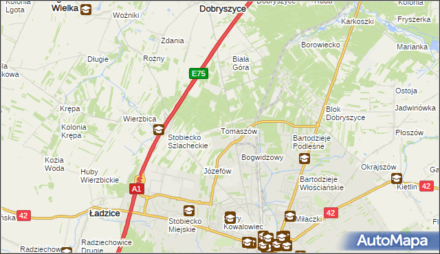 mapa Tomaszów gmina Ładzice, Tomaszów gmina Ładzice na mapie Targeo