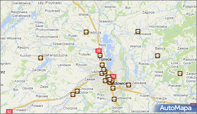 mapa Tomice powiat wadowicki, Tomice powiat wadowicki na mapie Targeo