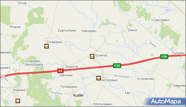 mapa Trzcianka gmina Kuślin, Trzcianka gmina Kuślin na mapie Targeo