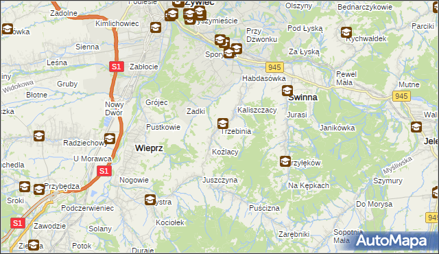 mapa Trzebinia gmina Świnna, Trzebinia gmina Świnna na mapie Targeo