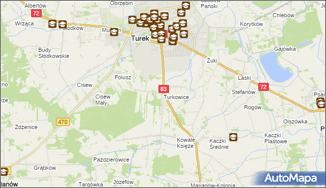 mapa Turkowice gmina Turek, Turkowice gmina Turek na mapie Targeo