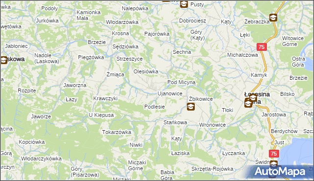 mapa Ujanowice, Ujanowice na mapie Targeo