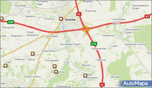 mapa Warszewice gmina Stryków, Warszewice gmina Stryków na mapie Targeo