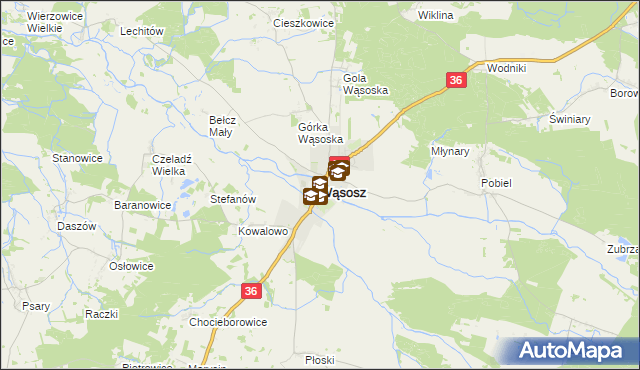 mapa Wąsosz powiat górowski, Wąsosz powiat górowski na mapie Targeo