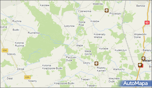 mapa Węże gmina Sokołów Podlaski, Węże gmina Sokołów Podlaski na mapie Targeo