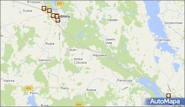 mapa Wężówka gmina Wydminy, Wężówka gmina Wydminy na mapie Targeo