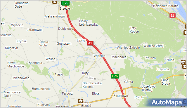 mapa Wieniec gmina Brześć Kujawski, Wieniec gmina Brześć Kujawski na mapie Targeo