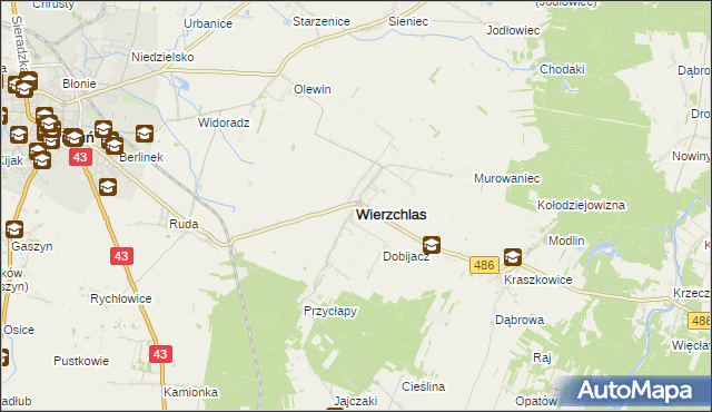 mapa Wierzchlas powiat wieluński, Wierzchlas powiat wieluński na mapie Targeo