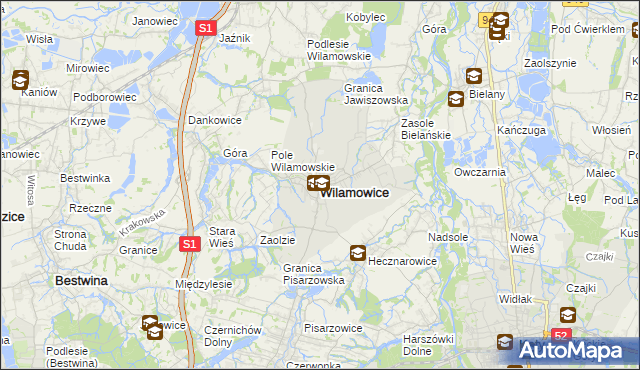 mapa Wilamowice powiat bielski, Wilamowice powiat bielski na mapie Targeo