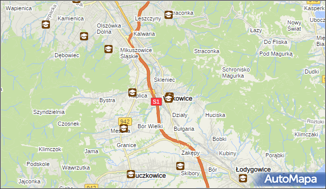 mapa Wilkowice powiat bielski, Wilkowice powiat bielski na mapie Targeo