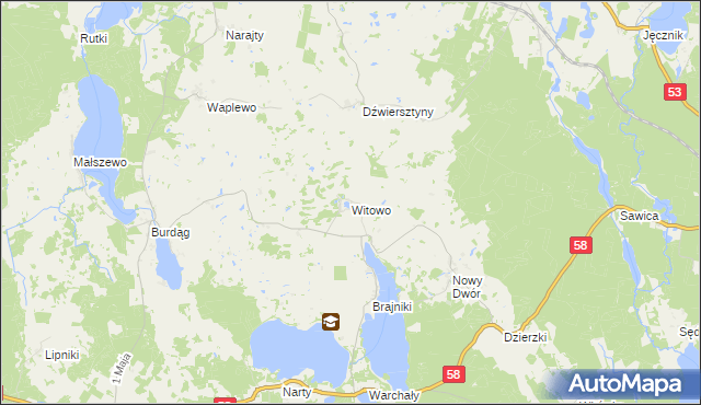 mapa Witowo gmina Jedwabno, Witowo gmina Jedwabno na mapie Targeo
