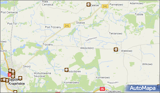 mapa Włościbórz gmina Sępólno Krajeńskie, Włościbórz gmina Sępólno Krajeńskie na mapie Targeo