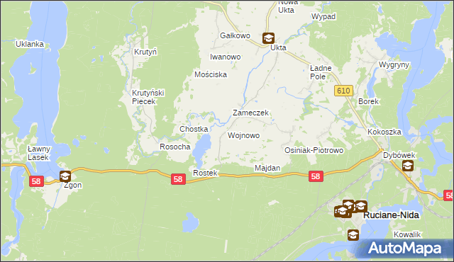 mapa Wojnowo gmina Ruciane-Nida, Wojnowo gmina Ruciane-Nida na mapie Targeo