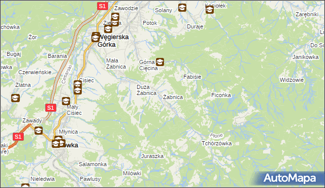 mapa Żabnica gmina Węgierska Górka, Żabnica gmina Węgierska Górka na mapie Targeo