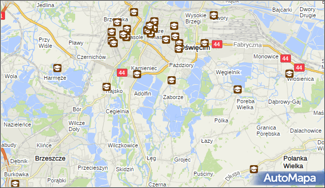 mapa Zaborze gmina Oświęcim, Zaborze gmina Oświęcim na mapie Targeo