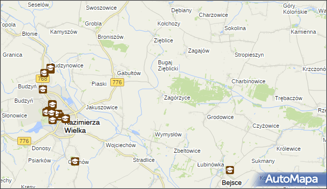 mapa Zagórzyce gmina Kazimierza Wielka, Zagórzyce gmina Kazimierza Wielka na mapie Targeo