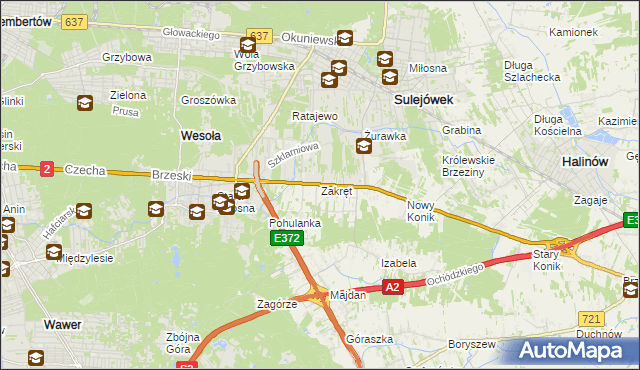 mapa Zakręt gmina Wiązowna, Zakręt gmina Wiązowna na mapie Targeo