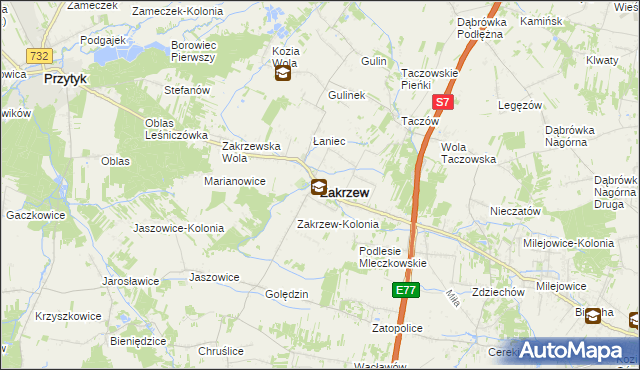 mapa Zakrzew powiat radomski, Zakrzew powiat radomski na mapie Targeo