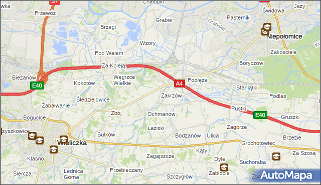 mapa Zakrzów gmina Niepołomice, Zakrzów gmina Niepołomice na mapie Targeo