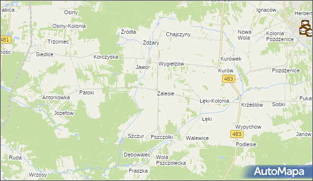 mapa Zalesie gmina Zelów, Zalesie gmina Zelów na mapie Targeo