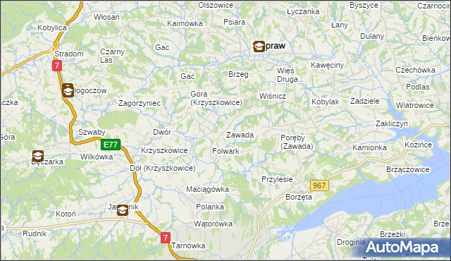 mapa Zawada gmina Myślenice, Zawada gmina Myślenice na mapie Targeo