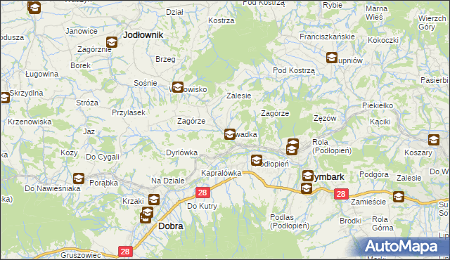 mapa Zawadka gmina Tymbark, Zawadka gmina Tymbark na mapie Targeo