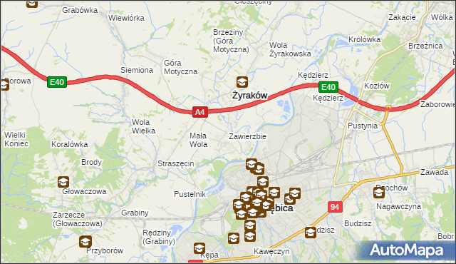 mapa Zawierzbie gmina Żyraków, Zawierzbie gmina Żyraków na mapie Targeo