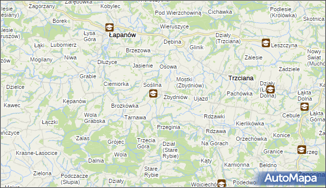 mapa Zbydniów gmina Łapanów, Zbydniów gmina Łapanów na mapie Targeo