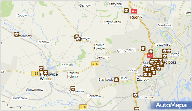 mapa Żerdziny gmina Pietrowice Wielkie, Żerdziny gmina Pietrowice Wielkie na mapie Targeo