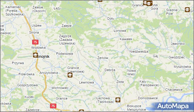 mapa Żerków gmina Gnojnik, Żerków gmina Gnojnik na mapie Targeo