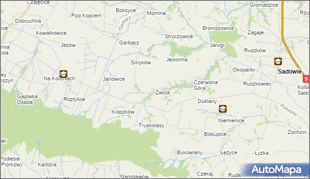 mapa Zwola gmina Sadowie, Zwola gmina Sadowie na mapie Targeo