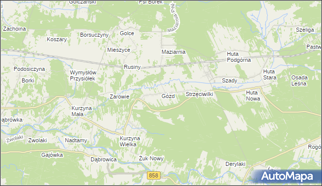 mapa Gózd gmina Harasiuki, Gózd gmina Harasiuki na mapie Targeo
