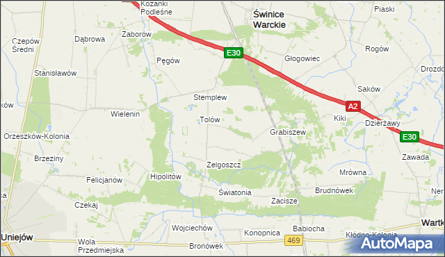 mapa Ładawy gmina Świnice Warckie, Ładawy gmina Świnice Warckie na mapie Targeo