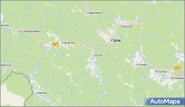 mapa Liszna gmina Cisna, Liszna gmina Cisna na mapie Targeo
