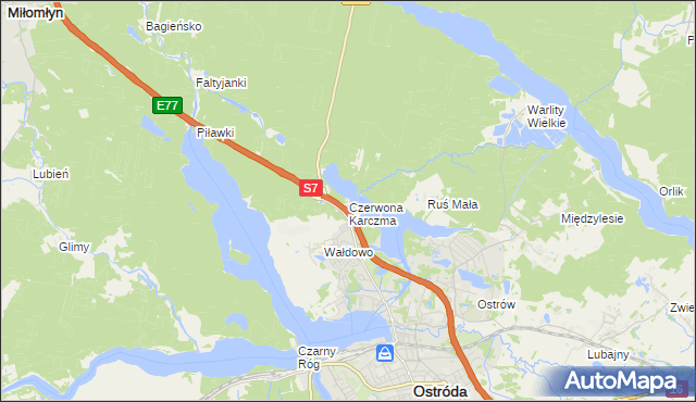 mapa Czerwona Karczma gmina Ostróda, Czerwona Karczma gmina Ostróda na mapie Targeo