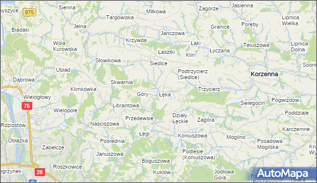 mapa Łęka gmina Korzenna, Łęka gmina Korzenna na mapie Targeo