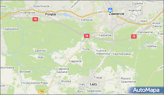 mapa Turza gmina Łazy, Turza gmina Łazy na mapie Targeo